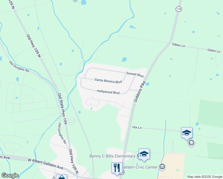 map of restaurants, bars, coffee shops, grocery stores, and more near 234 Hollywood Boulevard in Gallatin