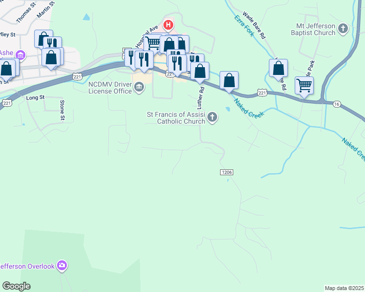map of restaurants, bars, coffee shops, grocery stores, and more near 142 Hillside Lane in Jefferson