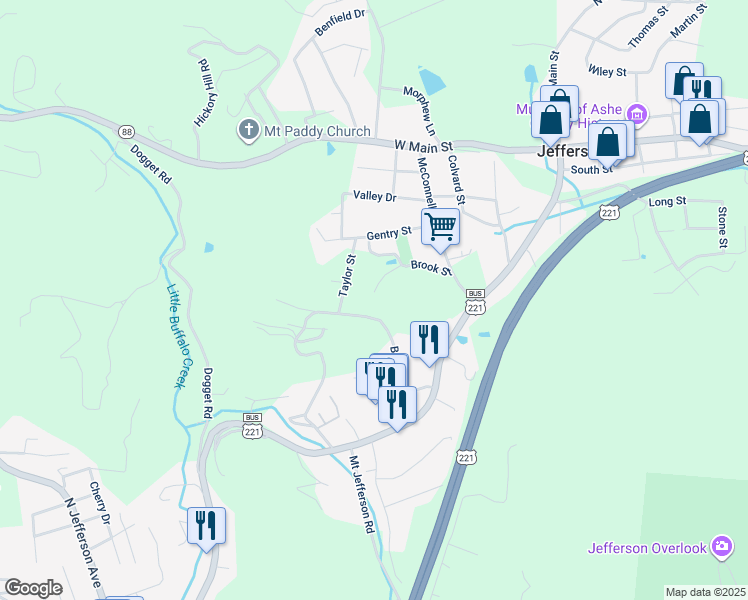 map of restaurants, bars, coffee shops, grocery stores, and more near 110 Parks Street in Jefferson