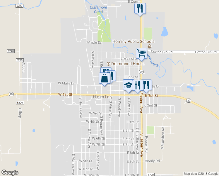 map of restaurants, bars, coffee shops, grocery stores, and more near 102 West Main Street in Hominy