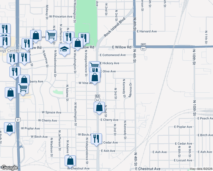 map of restaurants, bars, coffee shops, grocery stores, and more near 209 East Vine Avenue in Enid
