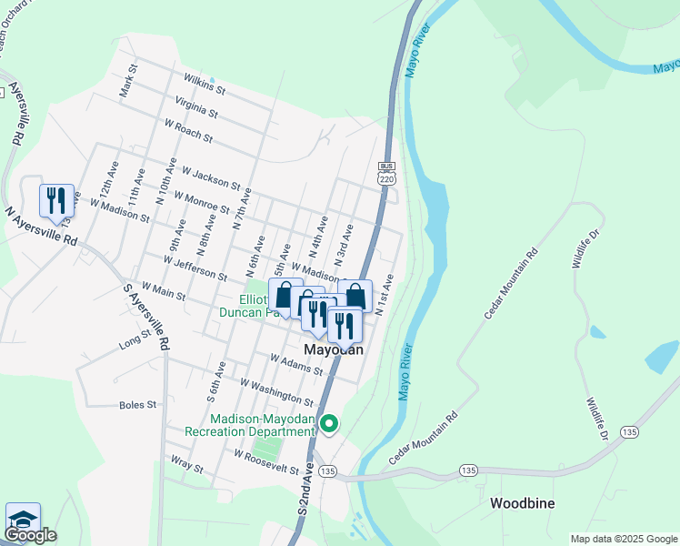 map of restaurants, bars, coffee shops, grocery stores, and more near 303 North 3rd Avenue in Mayodan