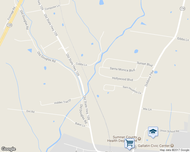 map of restaurants, bars, coffee shops, grocery stores, and more near 305 Hollywood Boulevard in Gallatin