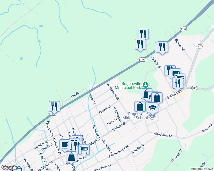 map of restaurants, bars, coffee shops, grocery stores, and more near 499 North Hawkins Street in Rogersville