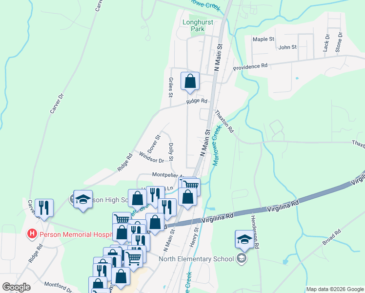 map of restaurants, bars, coffee shops, grocery stores, and more near 1235 Pointer Street in Roxboro