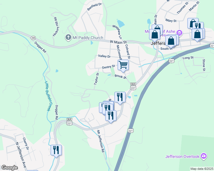 map of restaurants, bars, coffee shops, grocery stores, and more near 110 Parks Street in Jefferson