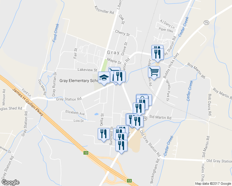 map of restaurants, bars, coffee shops, grocery stores, and more near 118 Suncrest Street in Gray