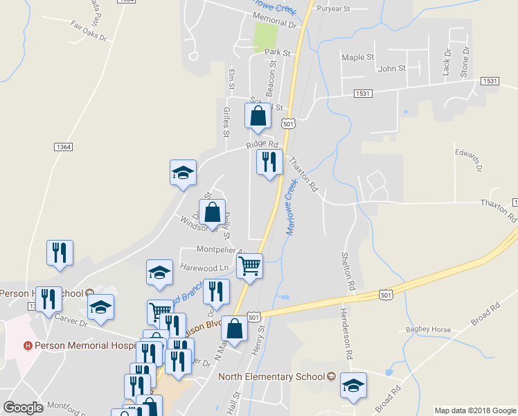 map of restaurants, bars, coffee shops, grocery stores, and more near 1234 Pointer Street in Roxboro