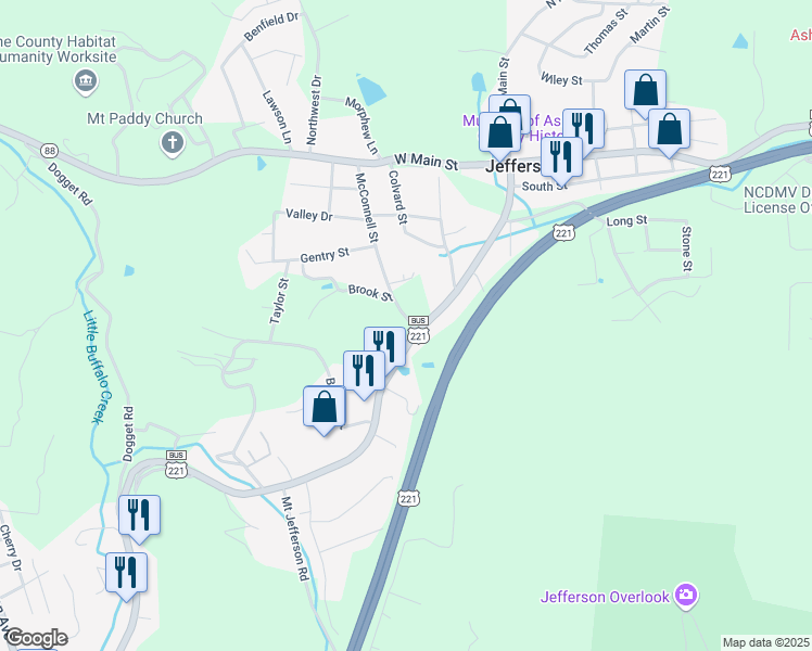 map of restaurants, bars, coffee shops, grocery stores, and more near 440 South Main Street in Jefferson