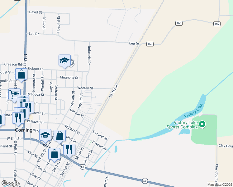 map of restaurants, bars, coffee shops, grocery stores, and more near 516 Northeast 1st Street in Corning