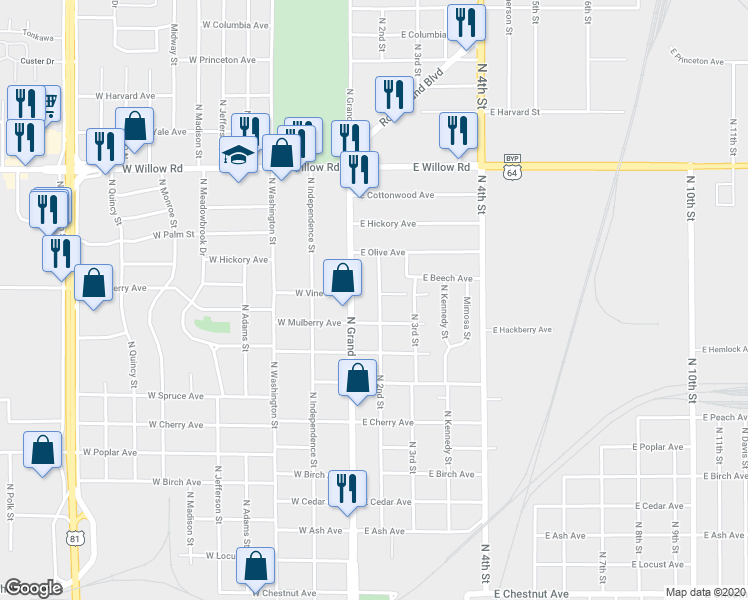 map of restaurants, bars, coffee shops, grocery stores, and more near 1822 North 2nd Street in Enid