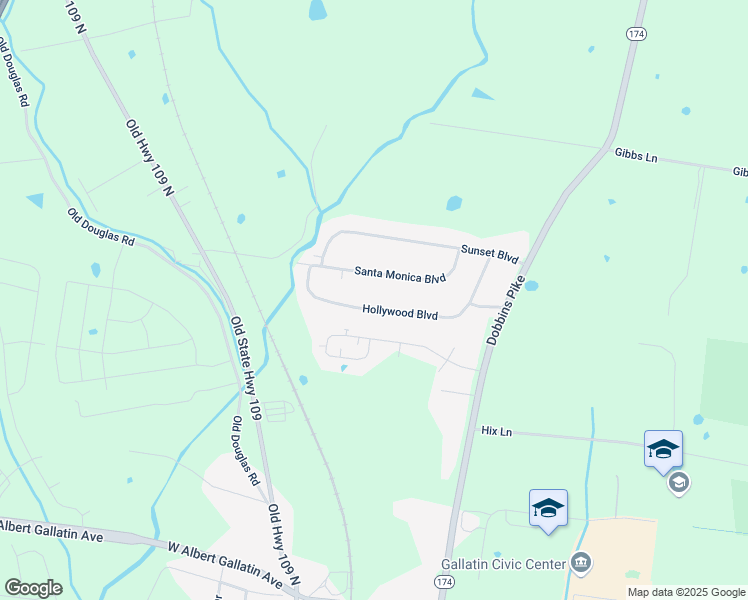 map of restaurants, bars, coffee shops, grocery stores, and more near 258 Hollywood Boulevard in Gallatin
