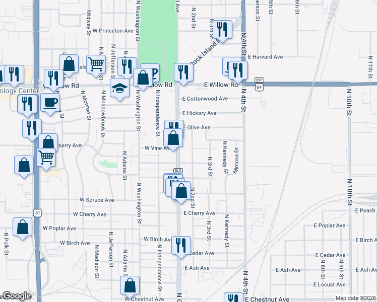 map of restaurants, bars, coffee shops, grocery stores, and more near 1823 North Grand Avenue in Enid