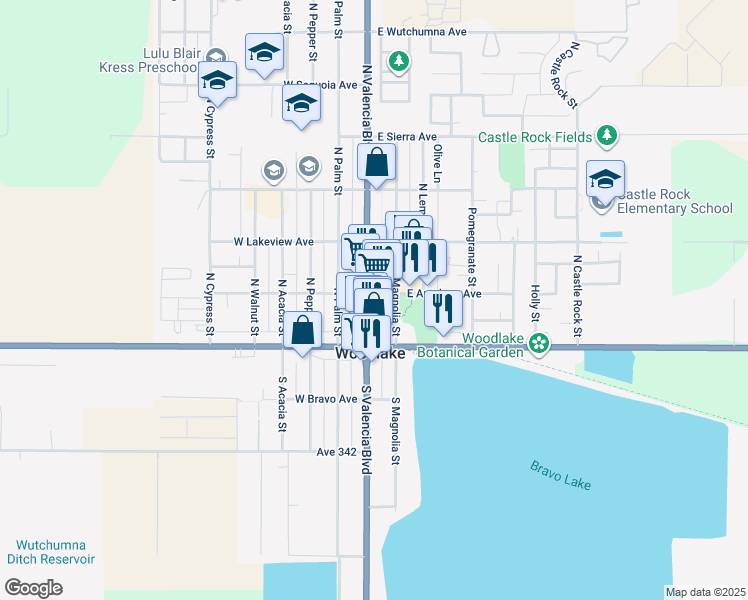 map of restaurants, bars, coffee shops, grocery stores, and more near 145 East Antelope Avenue in Woodlake