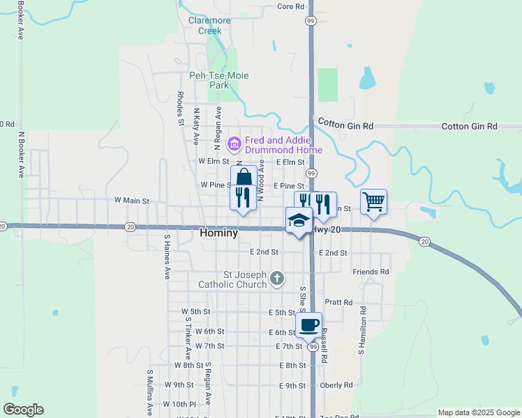 map of restaurants, bars, coffee shops, grocery stores, and more near 102 South Wood Avenue in Hominy