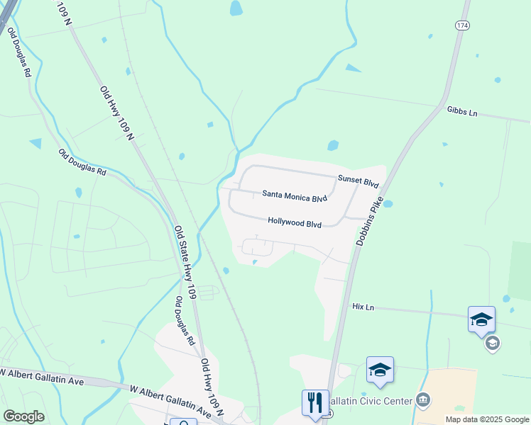 map of restaurants, bars, coffee shops, grocery stores, and more near 258 Hollywood Boulevard in Gallatin