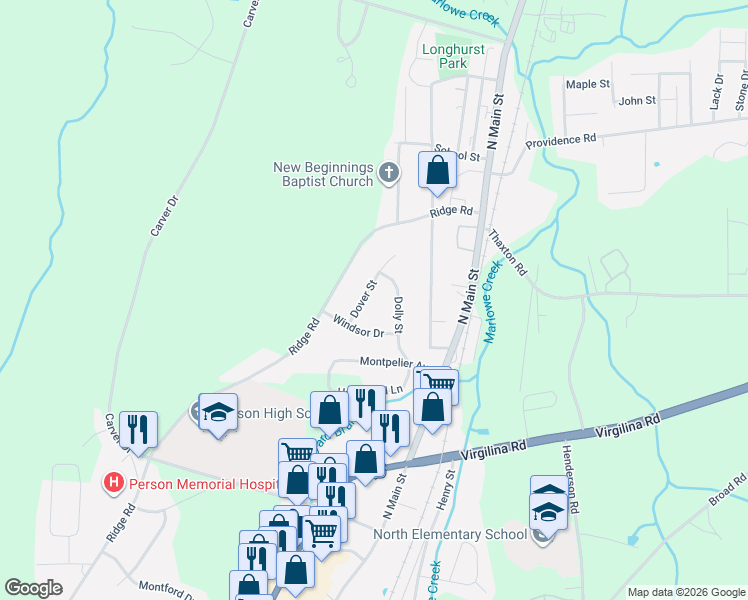 map of restaurants, bars, coffee shops, grocery stores, and more near 1220 Dover Street in Roxboro