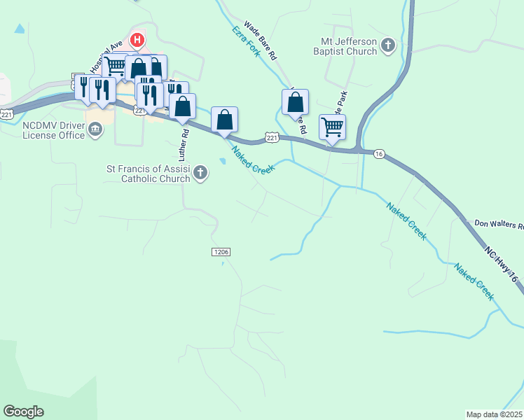 map of restaurants, bars, coffee shops, grocery stores, and more near 161 Jefferson Woods Road in Jefferson