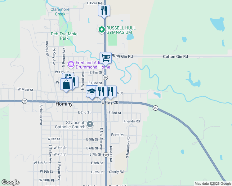 map of restaurants, bars, coffee shops, grocery stores, and more near 601 East Main Street in Hominy