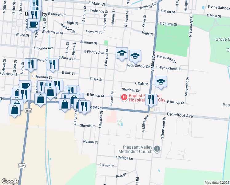 map of restaurants, bars, coffee shops, grocery stores, and more near 1116 Russell Street in Union City