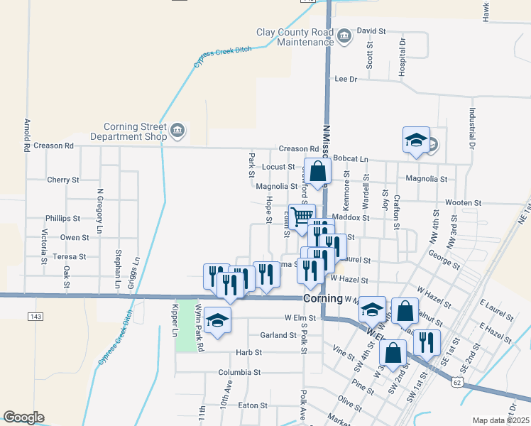 map of restaurants, bars, coffee shops, grocery stores, and more near 310 Hope Street in Corning