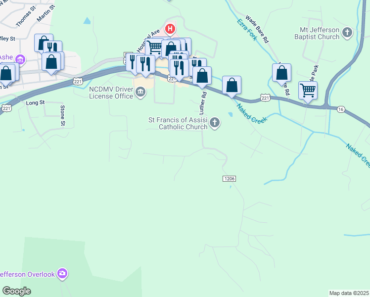 map of restaurants, bars, coffee shops, grocery stores, and more near 142 Hillside Lane in Jefferson