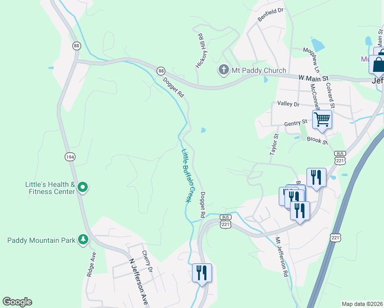 map of restaurants, bars, coffee shops, grocery stores, and more near 527 Dogget Road in West Jefferson