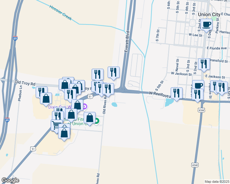 map of restaurants, bars, coffee shops, grocery stores, and more near 998 Jere B Ford Memorial Hwy in Union City