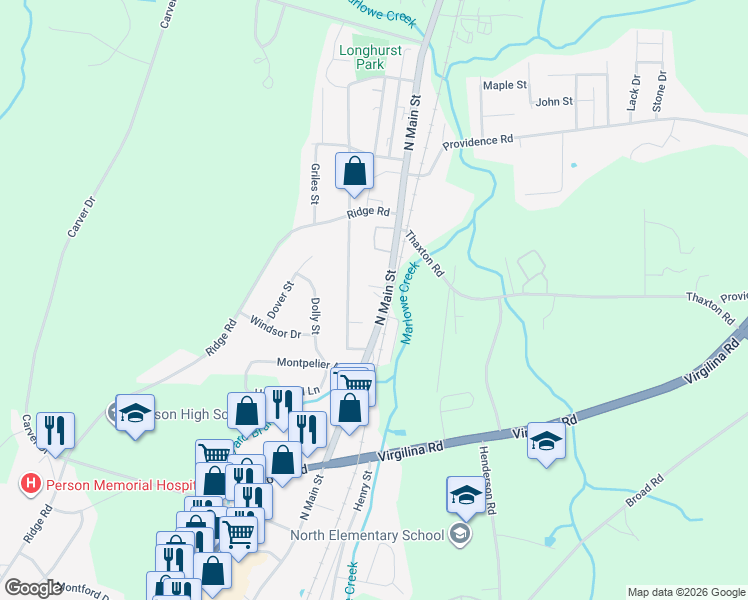 map of restaurants, bars, coffee shops, grocery stores, and more near 1234 Pointer Street in Roxboro
