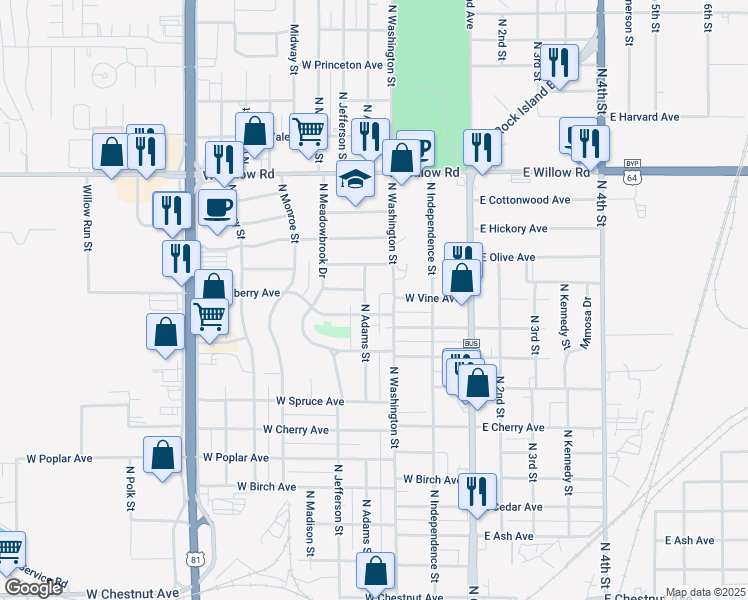 map of restaurants, bars, coffee shops, grocery stores, and more near 1813 North Adams Street in Enid