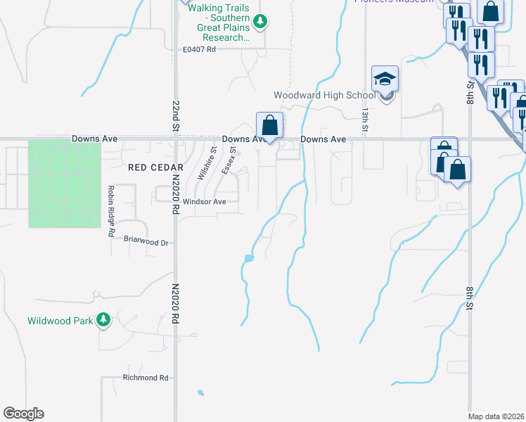 map of restaurants, bars, coffee shops, grocery stores, and more near 3014 Meadowview Drive in Woodward
