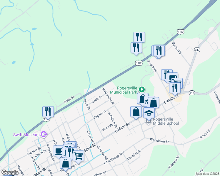 map of restaurants, bars, coffee shops, grocery stores, and more near 805 East Scott Street in Rogersville