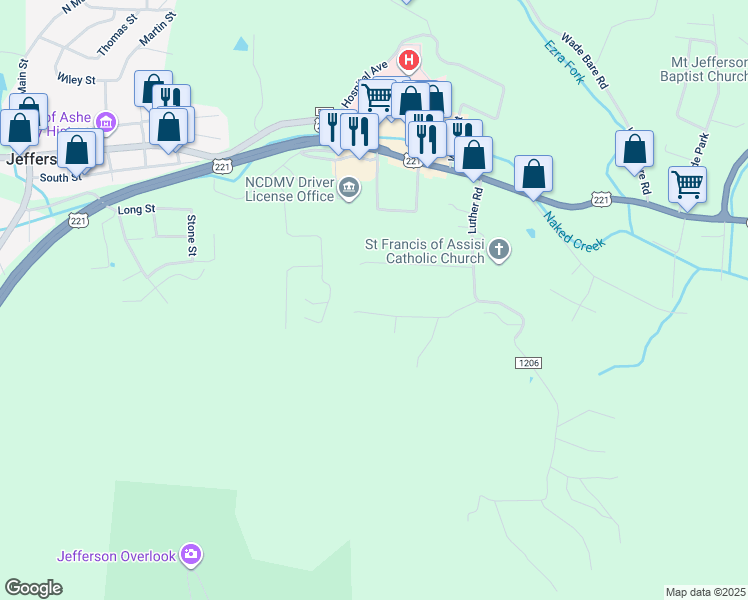 map of restaurants, bars, coffee shops, grocery stores, and more near 226 Hillside Lane in Jefferson