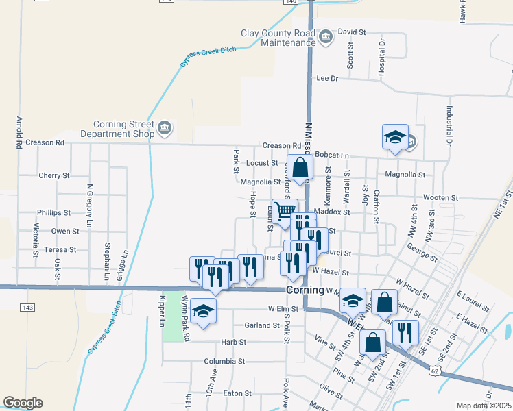 map of restaurants, bars, coffee shops, grocery stores, and more near 310 Hope Street in Corning