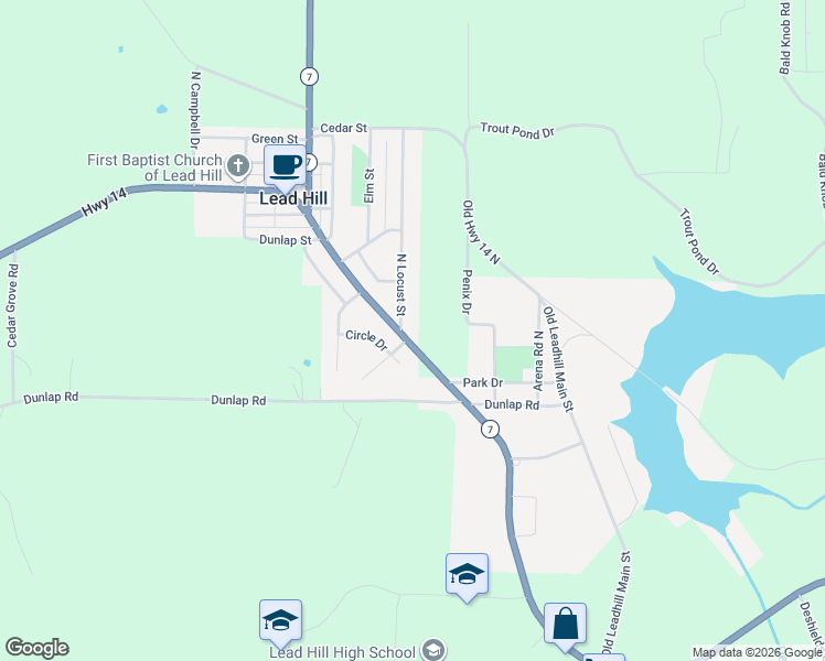 map of restaurants, bars, coffee shops, grocery stores, and more near 100 North Locust Street in Lead Hill