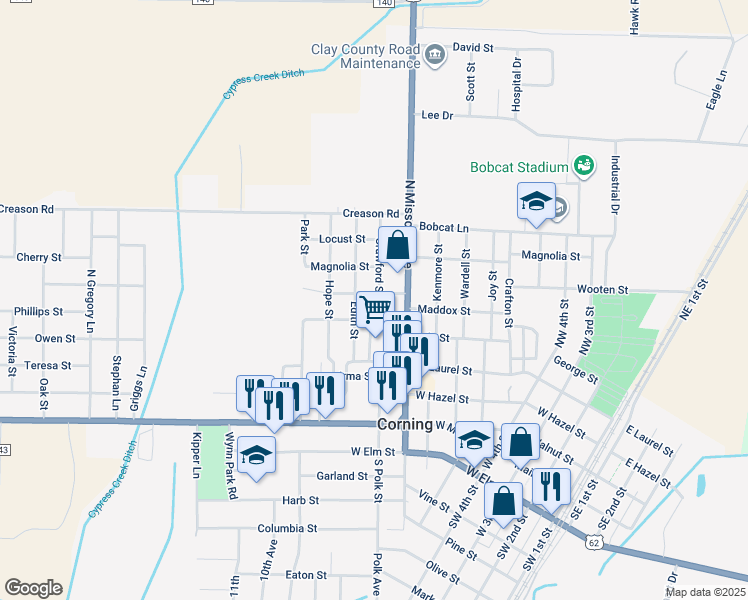 map of restaurants, bars, coffee shops, grocery stores, and more near 311 A B Crawford in Corning