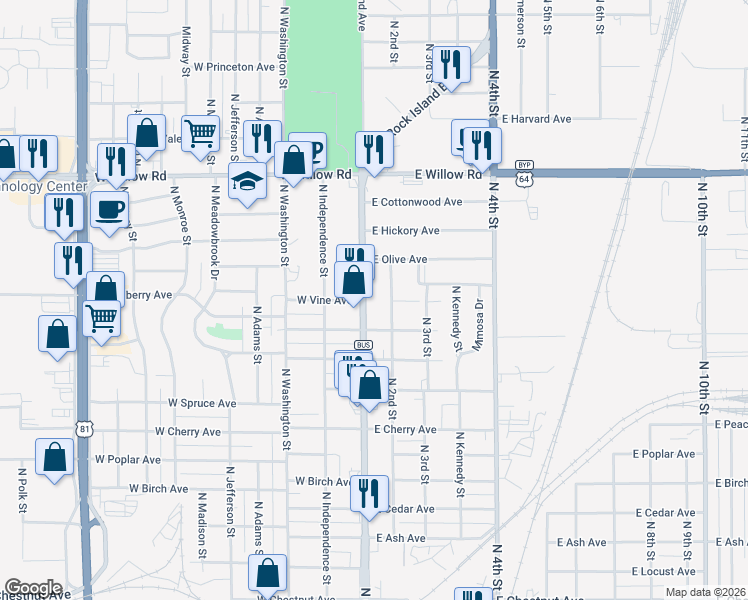 map of restaurants, bars, coffee shops, grocery stores, and more near 1823 North Grand Avenue in Enid