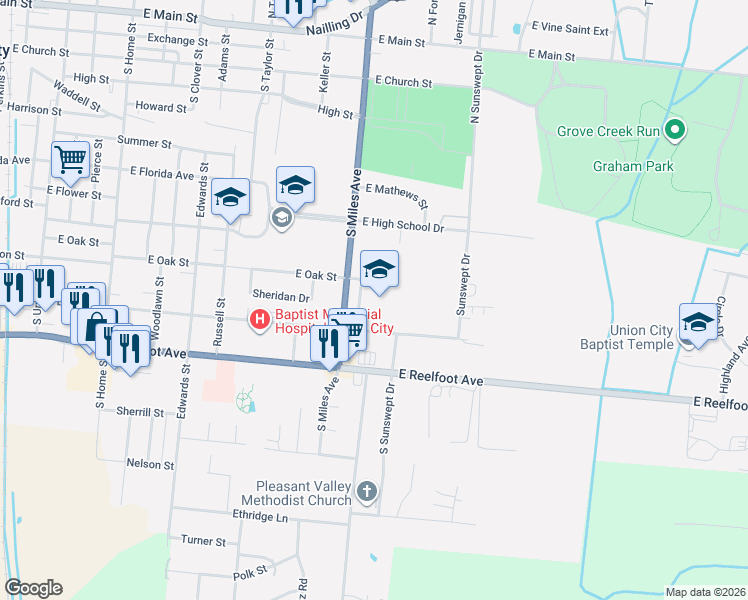 map of restaurants, bars, coffee shops, grocery stores, and more near 1100 South Miles Avenue in Union City