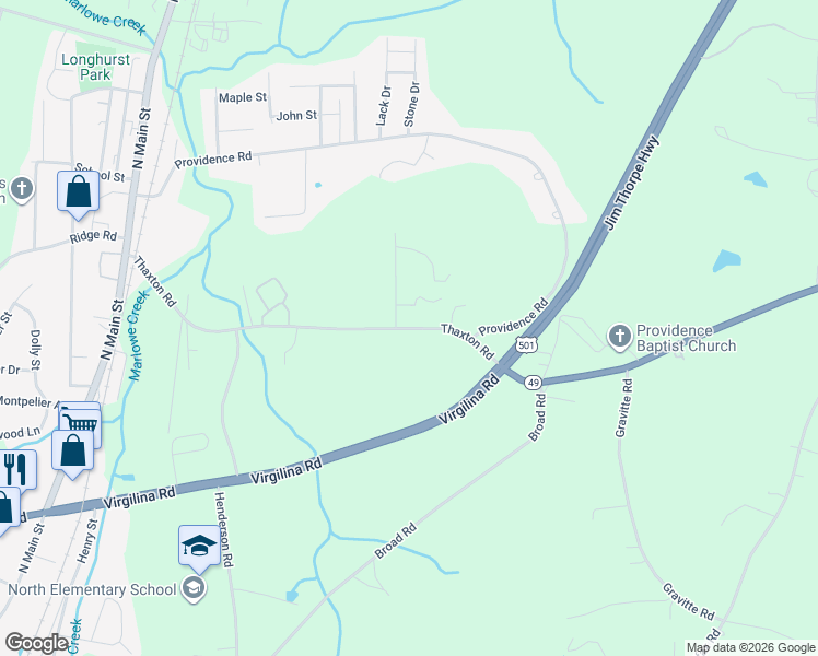 map of restaurants, bars, coffee shops, grocery stores, and more near 662 Thaxton Road in Roxboro