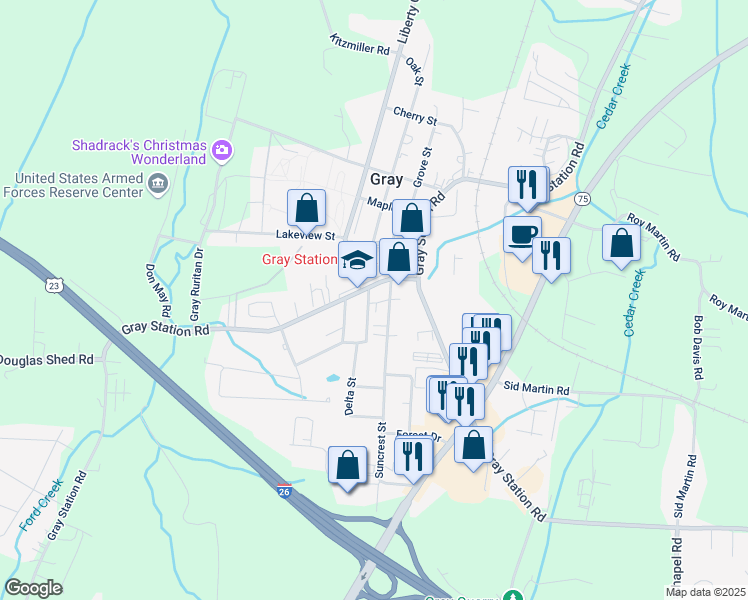 map of restaurants, bars, coffee shops, grocery stores, and more near 106 Skyland Drive in Gray