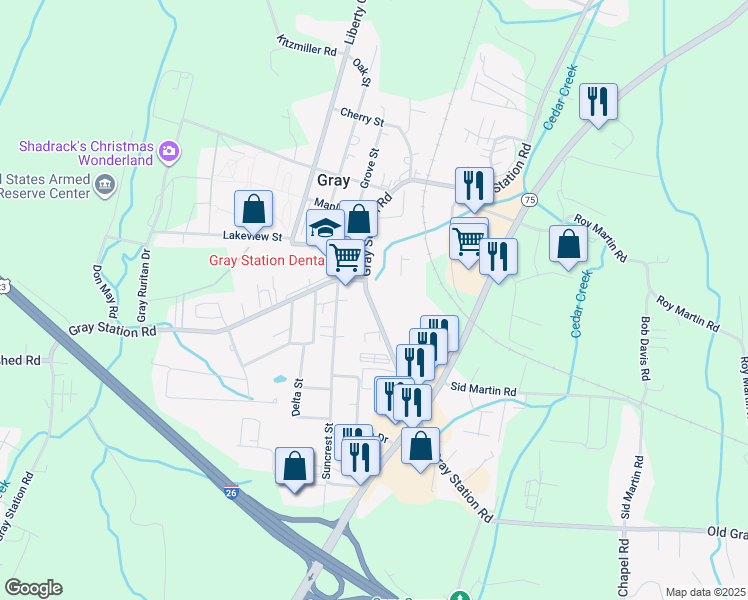 map of restaurants, bars, coffee shops, grocery stores, and more near 111 Old Gray Station Rd in Johnson City
