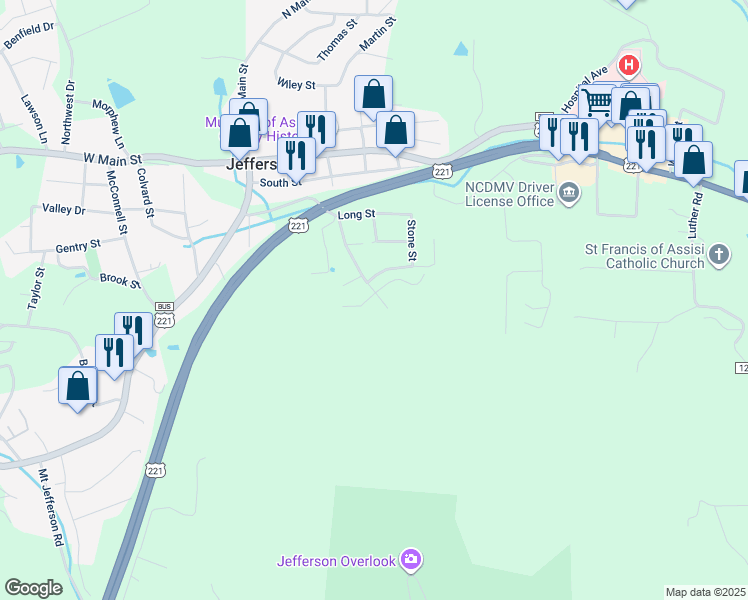 map of restaurants, bars, coffee shops, grocery stores, and more near 115 Jefferson View Lane in Jefferson