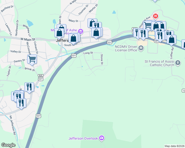 map of restaurants, bars, coffee shops, grocery stores, and more near 115 Jefferson View Lane in Jefferson