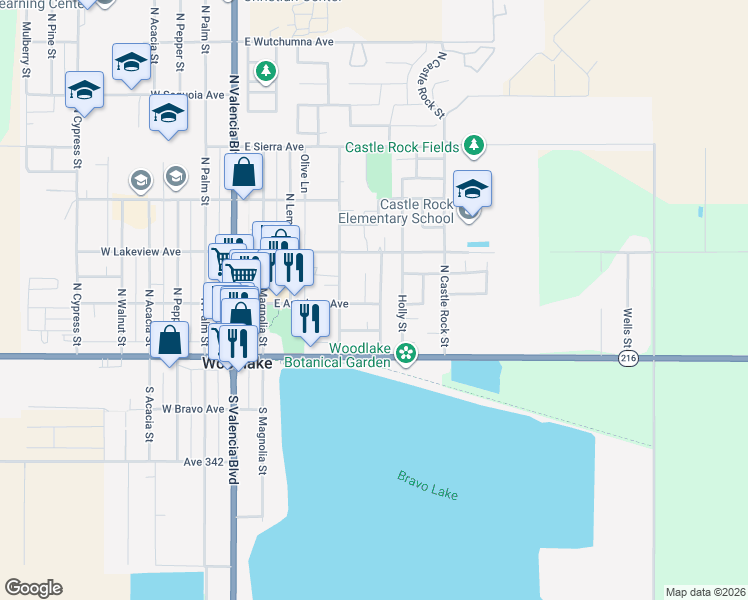 map of restaurants, bars, coffee shops, grocery stores, and more near 201 North Manzanillo Street in Woodlake