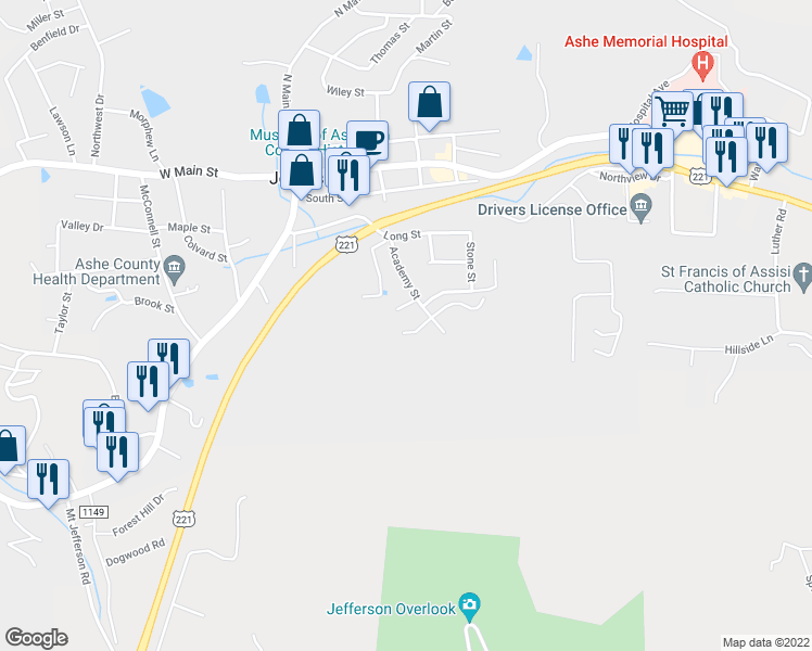 map of restaurants, bars, coffee shops, grocery stores, and more near 187 Jefferson View Lane in Jefferson