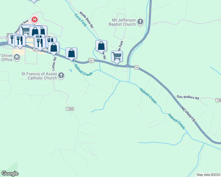 map of restaurants, bars, coffee shops, grocery stores, and more near 531 Glenn Bare Road in Jefferson