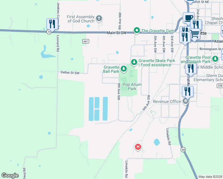 map of restaurants, bars, coffee shops, grocery stores, and more near 805 Mulberry Street Southwest in Gravette