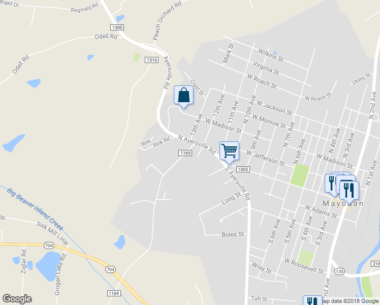 map of restaurants, bars, coffee shops, grocery stores, and more near 105 Turner Road in Mayodan