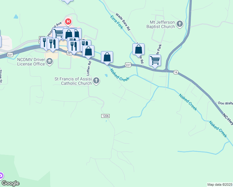 map of restaurants, bars, coffee shops, grocery stores, and more near 131 Ashley Road in Jefferson