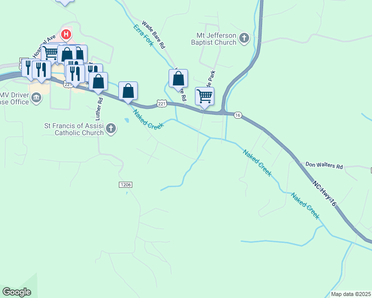 map of restaurants, bars, coffee shops, grocery stores, and more near 481 Glenn Bare Road in Jefferson